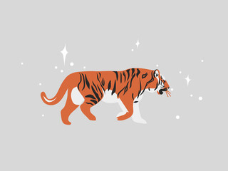 Hand drawn vector abstract stock flat graphic illustration with ethnic tribal mystic beautiful tiger in the wild,and magic stars in simple style ,isolated on white background