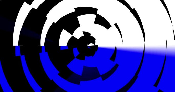 A fractal of geometric black, white and blue shapes rotates around a point located in the center of the frame. Animated background and club video. Endless cycle. A loop