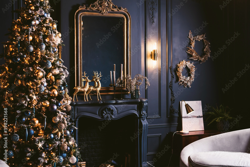 Wall mural interior of cozy room decorated in christmas happy new year style. fireplace. no people. an empty so