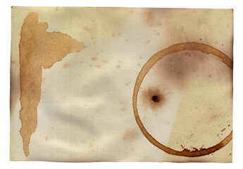 Old vintage paper with scratches and coffee stain texture isolated on white