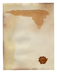 Old vintage paper with scratches and coffee stain texture isolated on white