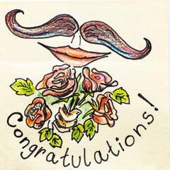 A man gives a bouquet of flowers, roses. Large male mustache. the inscription 