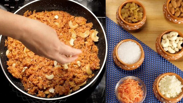 Delicious Gajar Ka Halwa/carrot pudding topped with cashew nuts - Indian dessert. Closeup view of grated carrot  sugar  raisins  cashew nuts  almonds  and dried milk/Khoya set on a table with Gajar...