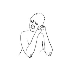 Single line drawing of a daydreaming or thinging woman portrait Isolated on white background. Stock vector illustration.