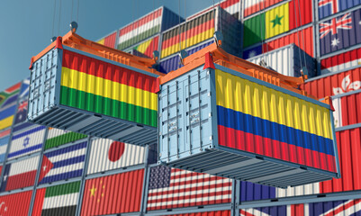 Freight containers with Colombia and Bolivia national flags. 3D Rendering 