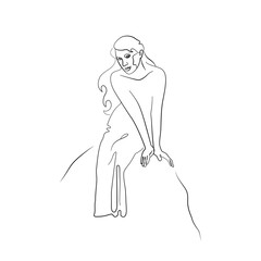 Single line drawing of a woman in dress sitting on a stone. Isolated on white background. Vector illustration.