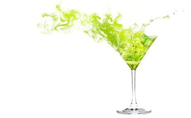 Swirls of smoke coming from a green cocktail in a martini cup. Smoky drink isolated on white with space for text and images.