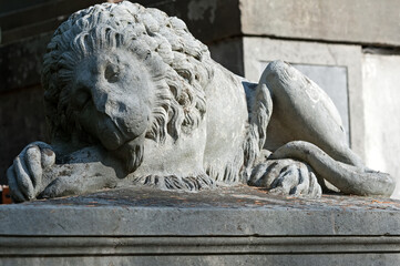 Old sculpture of a sleeping lion at Lychakiv cemetery in Lviv, Ukraine
