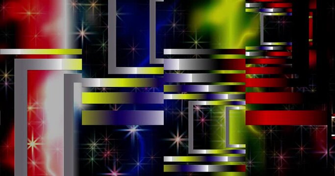 Glowing multicolored geometric shapes with a metallic sheen move in different directions on a multicolored background with twinkling stars. Stripes run along them.