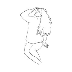 Single line drawing of a sitting woman with long hair looking up. Isolated on white background. Vector illustration.