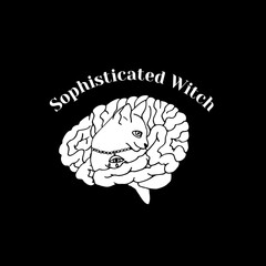 White silhouette of cat inside a brain and text sophisticated witch. Witchcraft and magic vector print.