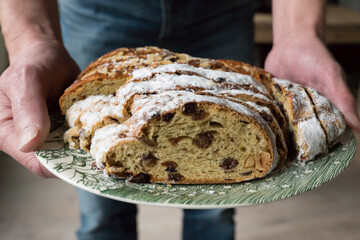 Bread with raisins and almond paste (Kerststol). Typical treat in Germany and The Netherlands with...