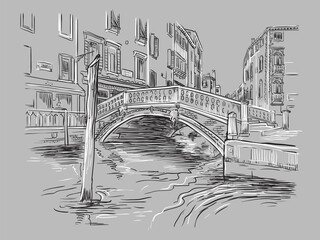 Venice hand drawing vector illustration canal on gray
