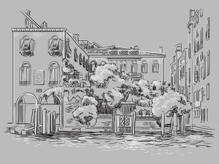 Venice drawing illustration cityscape on canal gray © alinart