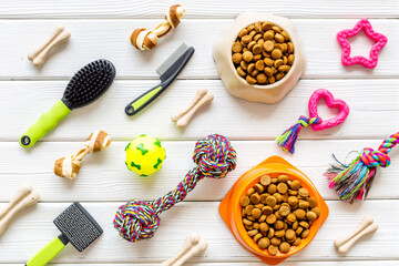Pattern of toys for dogs and cats, dry food and accessories, top view