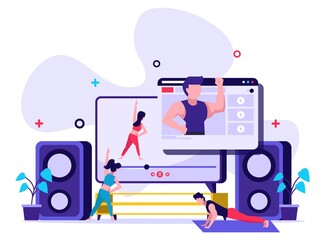 Young couple practicing yoga and exercise at home, while watching online video. Tiny people illustration . Vector illustration