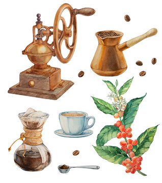 Coffee tools. Coffee set.Watercolor illustration on a white background.