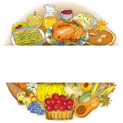 Thanksgiving autumn background with traditional dishes and symbols