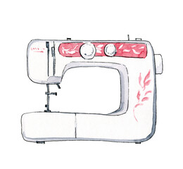Watercolor illustration of a white sewing machine