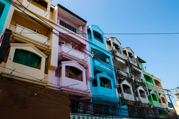 Fototapeta na wymiar Facades of houses along Soi Buakhao in Pattaya Thailand Asia