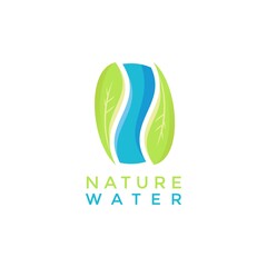 nature water logo vector template, leave and water drop icon