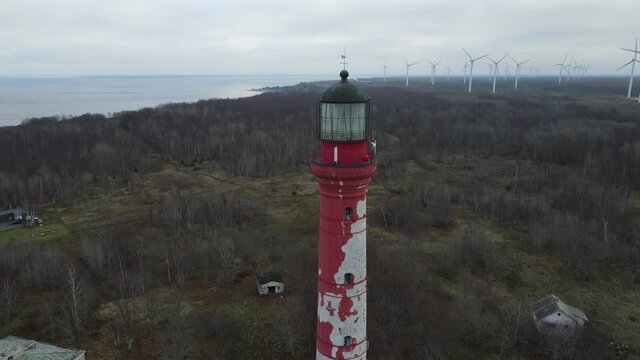 View to Pakri lighthouse from above. Drone view, aerial. Cloudy autumn day