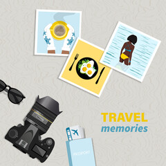 Travel and vacation concept. Photo camera and photos from travels. vector illustration.