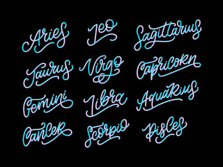 Zodiac lettering Vector Sign. Cartoon astrology text illustration. Horoscope handwritten icon set.