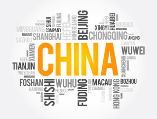 List of cities in China, word cloud collage, travel concept