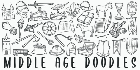 Middle Age, doodle icon set. Medieval Style Vector illustration collection. Banner Hand drawn Line art style.