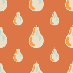 Simple abstract pears seamless doodle pattern. Natural food artwork with orange background.