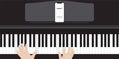Young boy or girl playing classic digital piano at home during online class at home, social distance during quarantine, self-isolation, online education concept © liubomir118809