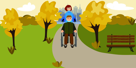 Young couple walking in the park during the pandemic. Man in wheelchair. Man and woman take off their protective masks in deserted part of park to breathe fresh air.