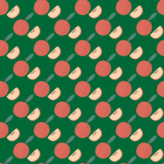 Seamless pattern with decorative red apple with slices. Green bright background.