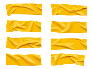 Yellow wrinkled adhesive tape isolated on white background. Yellow Sticky scotch tape of different sizes.
