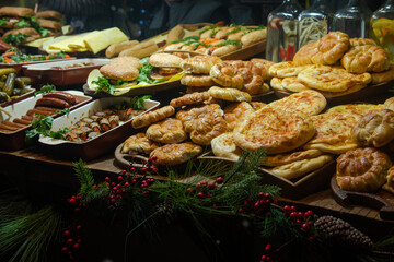 Nice street food shashlik, lavash, kebab, hachapuri and roasted potato on national Christmas Fair in Kiev, Ukraine