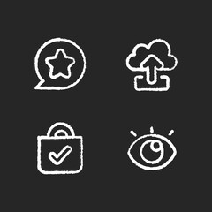 Interface for better usability chalk white icons set on black background. Blocking delete functionality on your smartphone. Downloading big data files. Isolated vector chalkboard illustrations