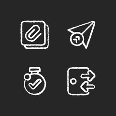 Mobile application comfortable interface chalk white icons set on black background. Sending gifts with help of internet. Lamp with helping message. Isolated vector chalkboard illustrations