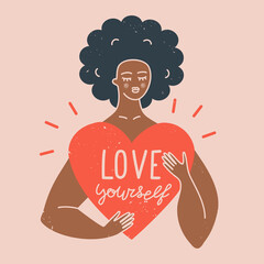 Love yourself, body positive, self care concept. Beautiful black girl hugging a big red heart. Isolated flat vector illustration with a female character