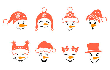 Christmas snowman faces. Set of cute winter characters. Snowmen of various designs in santa hats. Vector illustration. Snowmen heads isolated on white background. Childrens cartoon characters.