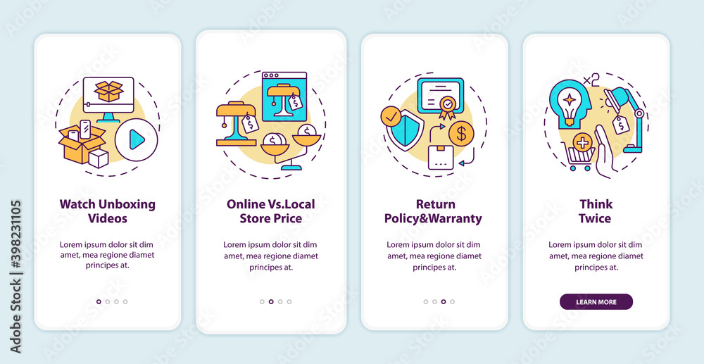 Wall mural informed customer tips onboarding mobile app page screen with concepts. unboxing videos, thinking tw
