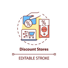 Discount stores concept icon. Saving money on buying clothing idea thin line illustration. Retail outlets. Using cut-pricing techniques. Vector isolated outline RGB color drawing. Editable stroke