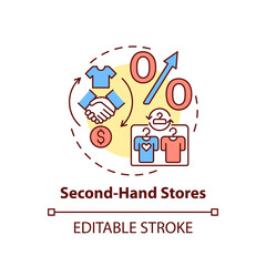 Second-hand stores concept icon. Thrift stores idea thin line illustration. Saving on buying clothing. Garage sale. Selling secondhand goods. Vector isolated outline RGB color drawing. Editable stroke