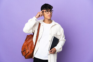 Young student man over isolated purple background having doubts and thinking