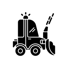 Snow blowing black glyph icon. Using machine for removing snow from area around your house. Cleaning service in winter. Silhouette symbol on white space. Vector isolated illustration