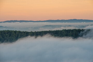 Fototapeta premium Many houses in in the mist in the morning. Early morning fog and mist burns off over large houses nestled in green rolling hills
