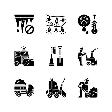 Winter city services black glyph icons set on white space. Icicle removal from building roofs. Christmas lights fot tree. Auto snow removal tools. Silhouette symbols. Vector isolated illustration
