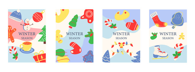 Obraz na płótnie Canvas Winter season festive party abstract poster template set. Commercial flyer design with flat illustration. Vector cartoon promo card with organic shapes. Wintertime advertising invitation collection