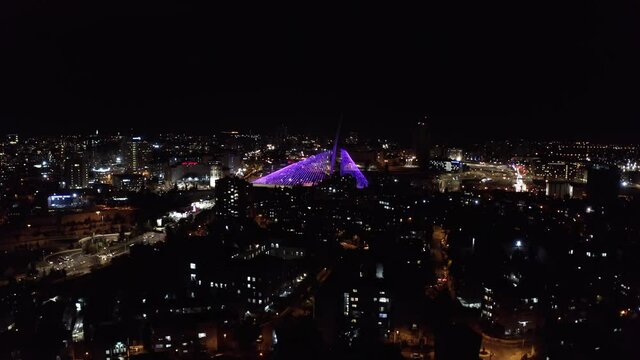Jerusalem City at Night aerial view
Night Shot of main entrance traffic and calatrava bridge, Drone view

