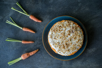 Carrots rushing to a round cake representing winner sperm, reproduction, fertilization and pregnancy concept
